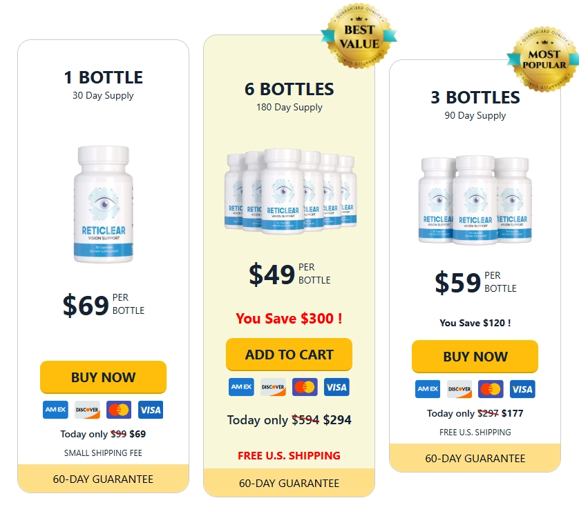 RetiClear pricing packages - 1 bottle $69, 3 bottles $59 each, 6 bottles $49 each