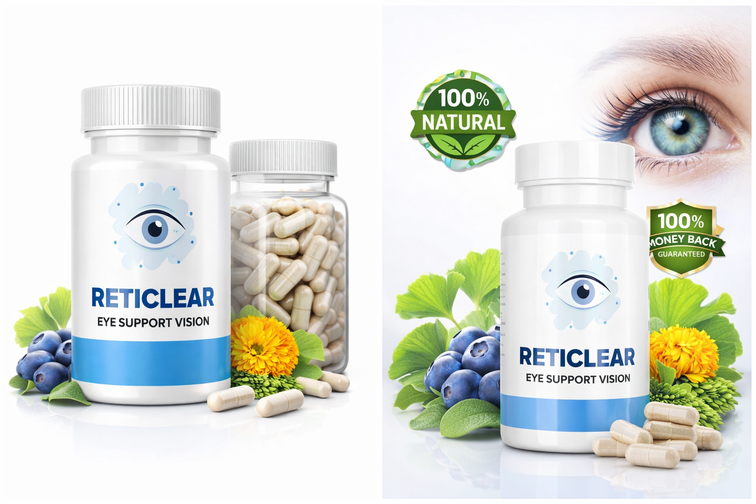 RetiClear supplement bottles with natural ingredients